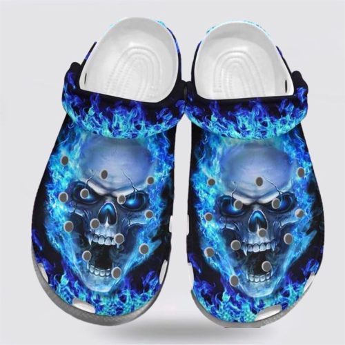 Blue Fire Skull Shoes: Spooky Halloween & Christmas Crocs Clogs