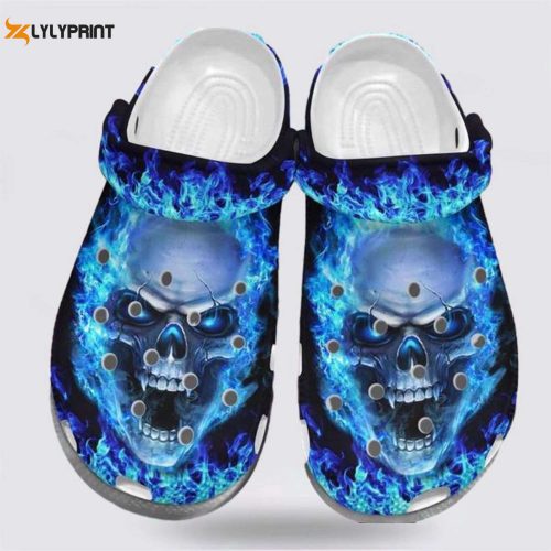 Blue Fire Skull Shoes: Spooky Halloween & Christmas Crocs Clogs