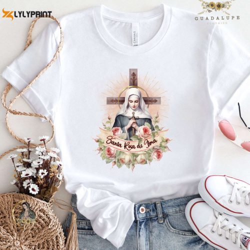 Catholic Unique Gifts: Santa Rosa De Lima T-shirt Vintage Floral & Jesus T-shirt – Devotional Saints Gifts & Faith Church