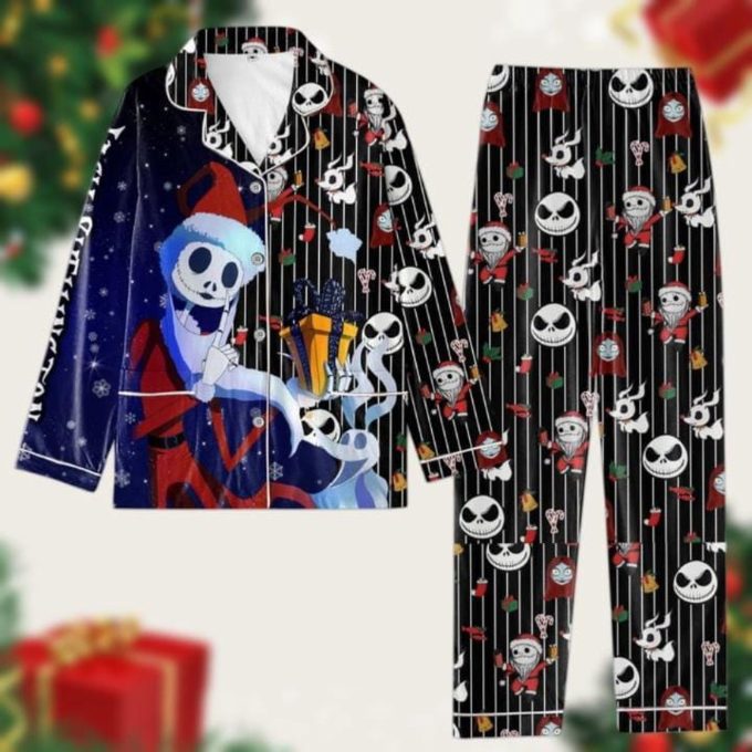 Christmas Jack Skellington Pajamas Set: Nightmare Before Christmas Movie Skeleton Santa Hat Pj Set For Women – Disney Movie Holiday Pajamas