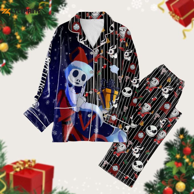 Christmas Jack Skellington Pajamas Set: Nightmare Before Christmas Movie Skeleton Santa Hat Pj Set For Women – Disney Movie Holiday Pajamas