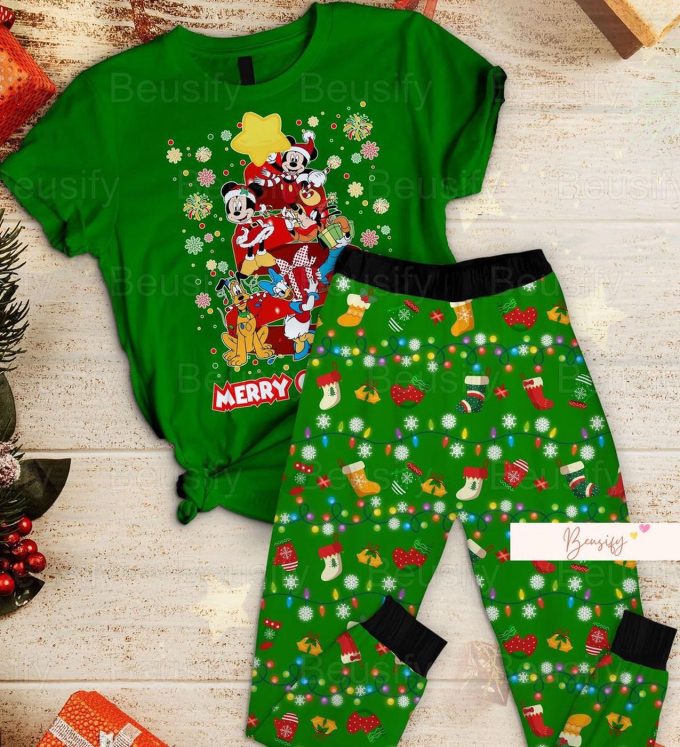 Cheerful Mickey Christmas Pajama Set: Festive T-Shirt &Amp; Pants