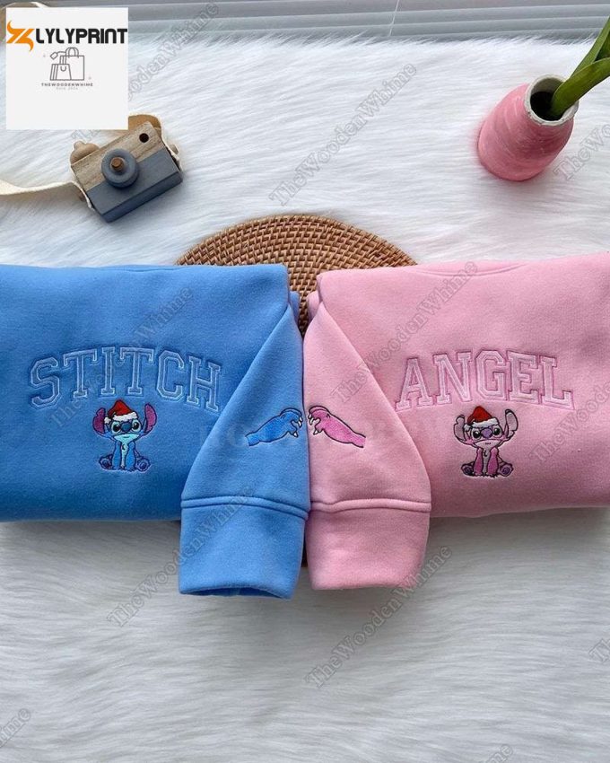 Disney Stitch Christmas Sweatshirt: Festive Stitch And Angel Embroidery Couple Hoodie &Amp;Amp; Lilo Shirt