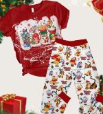 Christmas Winnie The Pooh Pajamas Set: Pooh & Friends T-Shirt Pants with Disney Cartoon Santa Hats – Xmas Movie PJ Set