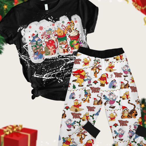 Christmas Winnie The Pooh Pajamas Set: Pooh & Friends T-Shirt Pants with Disney Cartoon Santa Hats – Xmas Movie PJ Set