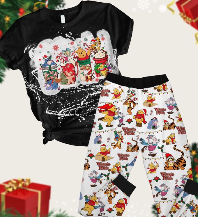 Christmas Winnie The Pooh Pajamas Set: Pooh &Amp; Friends T-Shirt Pants With Disney Cartoon Santa Hats – Xmas Movie Pj Set