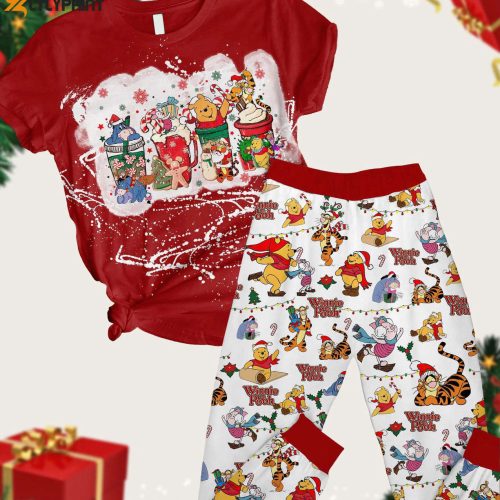 Christmas Winnie The Pooh Pajamas Set: Pooh & Friends T-Shirt Pants with Disney Cartoon Santa Hats – Xmas Movie PJ Set