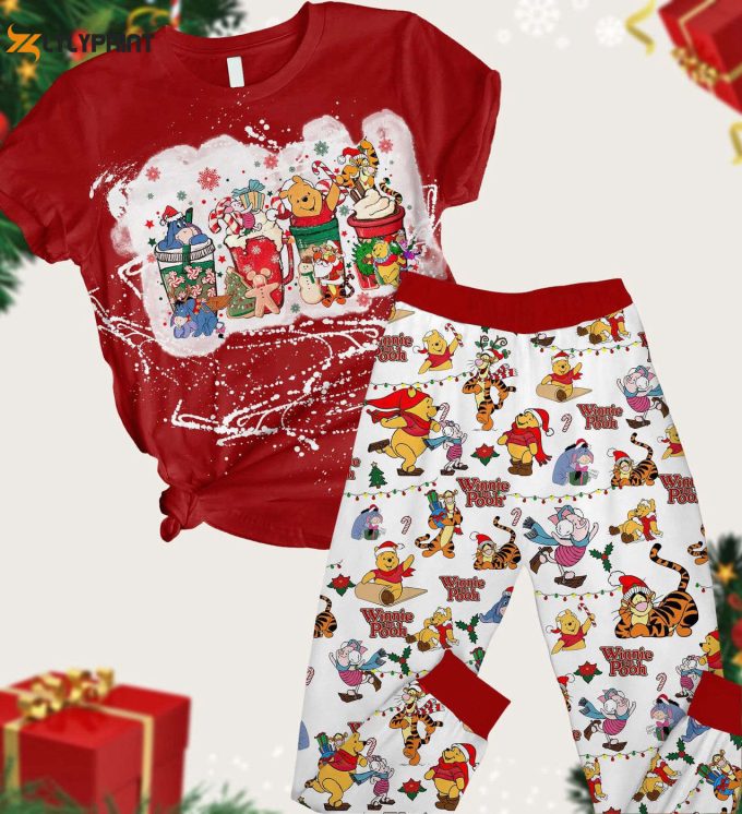 Christmas Winnie The Pooh Pajamas Set: Pooh &Amp;Amp; Friends T-Shirt Pants With Disney Cartoon Santa Hats – Xmas Movie Pj Set