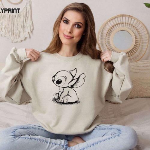 Disney Stitch Sketch Portrait Sweatshirt – Cute Lilo and Stitch Hoodie Disneyland Family Sweatshirt Disney World Tee