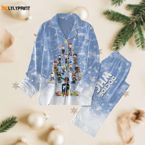 Doctor Who Christmas Pajamas Set – Tardis Police Box Holiday PJs TV Series PJ Set with Movie Character Santa Hat