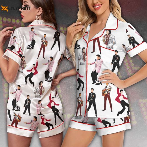 Elvis Presley Imitation Silk Pajama Set – Women s Short Sleeve Gift for Christmas