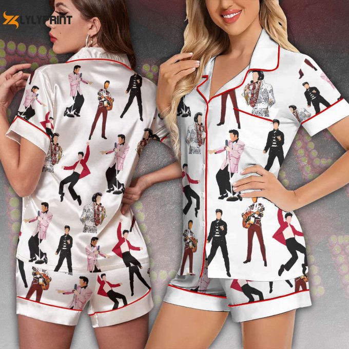 Elvis Presley Imitation Silk Pajama Set – Women S Short Sleeve Gift For Christmas