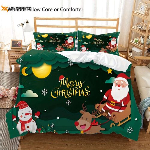 Festive Farmhouse Delight: Merry Christmas 3pcs Duvet Cover Set with Santa Claus Snowman Snowflakes & Trees Design - Perfect for Bedrooms & Guest Rooms!