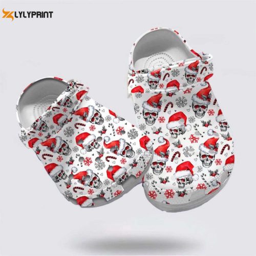 Funny Skull Christmas Hat Crocs-Shoes: Festive Candys & Snowflakes for Skull Lovers