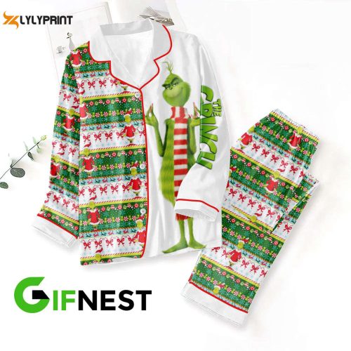 Cozy Grinch Button Down Pajamas Set – Perfect Christmas Gift for Women