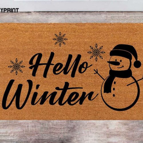 Personalized Hello Winter Doormat – Custom Christmas Rug with Family Name Monogram Perfect New Year & Anniversary Gift