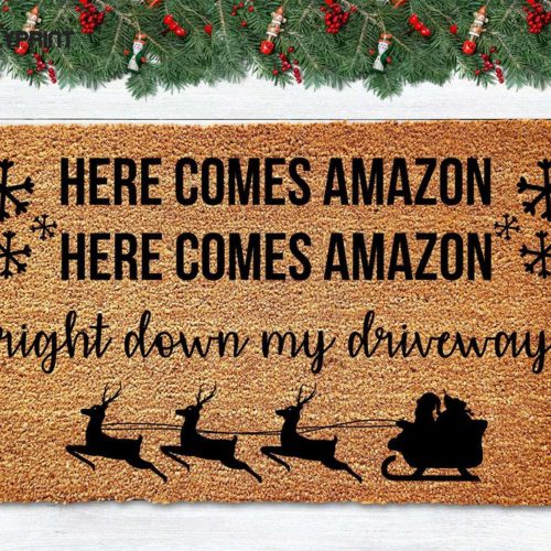 Here Comes Amazon Doormat - Funny Christmas Welcome Mat for a Merry Christmas - Funny Doormat