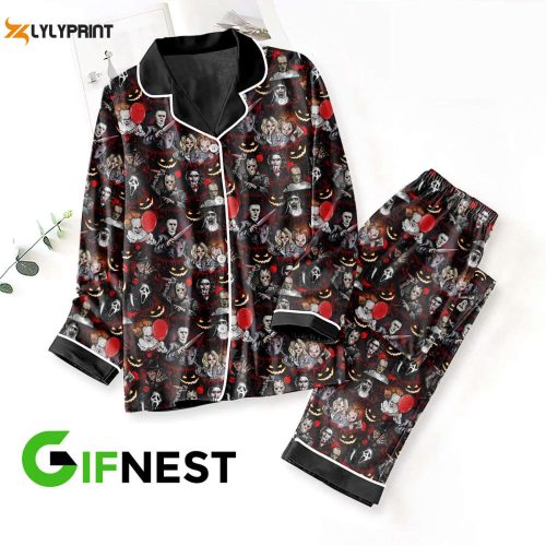 Get Spooked in Style with Horror Movies Button Down Pajamas Set – Perfect Gift