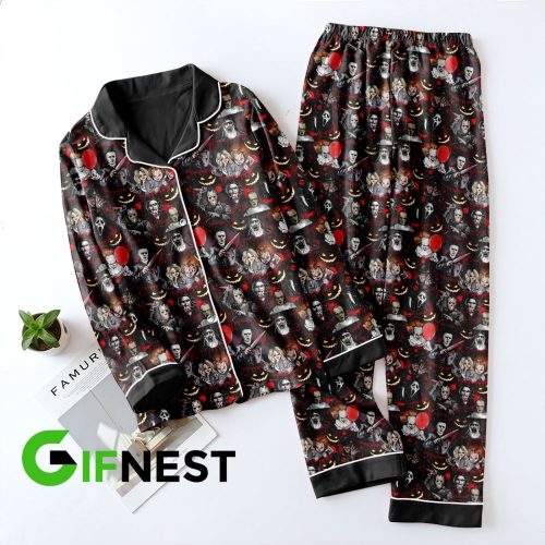 Get Spooked in Style with Horror Movies Button Down Pajamas Set – Perfect Gift