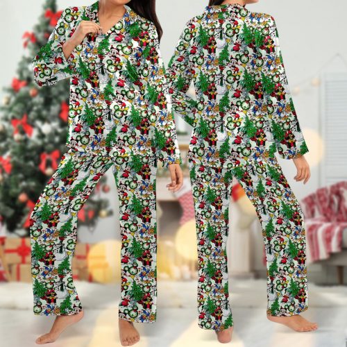 Disney Mickey & Friends Christmas Pajama Set: Festive Button Up Shirt Minnie Mouse Women s Pajamas Mickey Xmas Party Tee