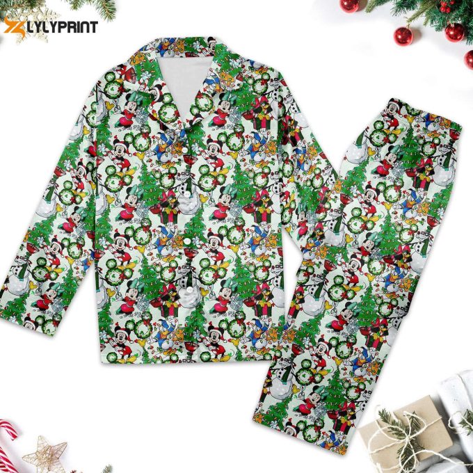 Disney Mickey &Amp;Amp; Friends Christmas Pajama Set: Festive Button Up Shirt Minnie Mouse Women S Pajamas Mickey Xmas Party Tee