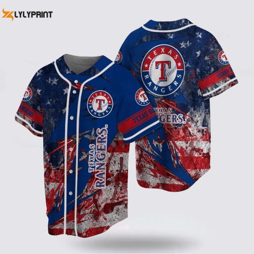 Show Your Patriotism with MLB Texas Rangers Baseball Jersey – US Flag Design for True Fans! – Gift for Men Women