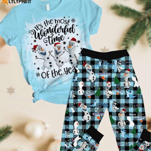 Disney Frozen Olaf Christmas Pj Set – Festive Tshirt Pants Santa Hat And Snowman Pajamas