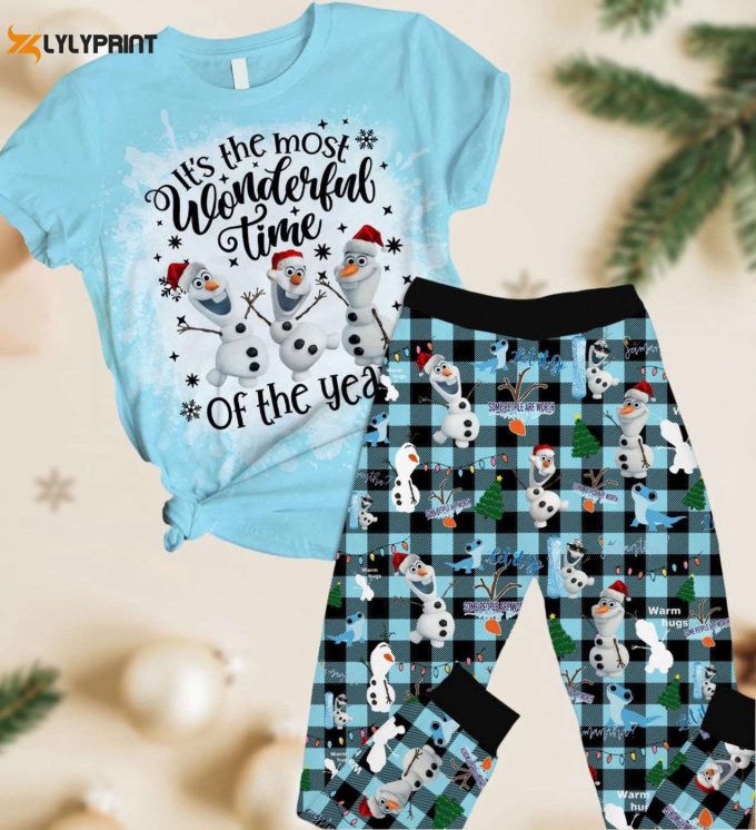 Disney Frozen Olaf Christmas Pj Set – Festive Tshirt Pants Santa Hat And Snowman Pajamas