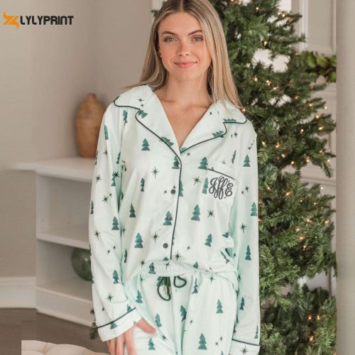 Custom Christmas Tree Pajama Set: Personalized Bow PJs for Women – Monogrammed Xmas PJ s