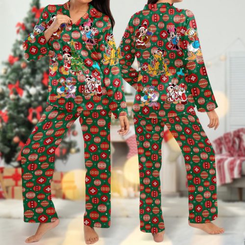 Santa Mickey Mouse Pajamas Set Xmas Women Pajamas Disney Mickey & Friends Festive Button Up Shirt