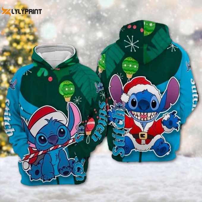 Santa Stitch Christmas Hoodie – Cartoon Character Xmas Sweater 3D Print Shirt For Magic Kingdom Xmas Party