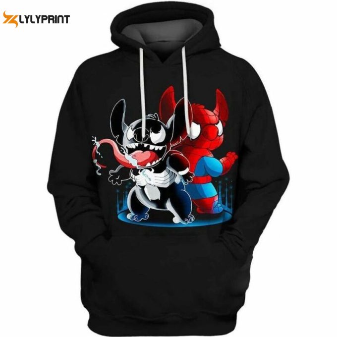 Spider Man Venom And Stitch Over Print 3D Hoodie Zip Hoodie: Trendy And Unique Marvel Character Design