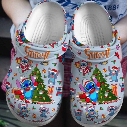 Pastel Blue Stich and Christmas Tree Clogs for Kids & Adults – Festive Footwear for the Holidays