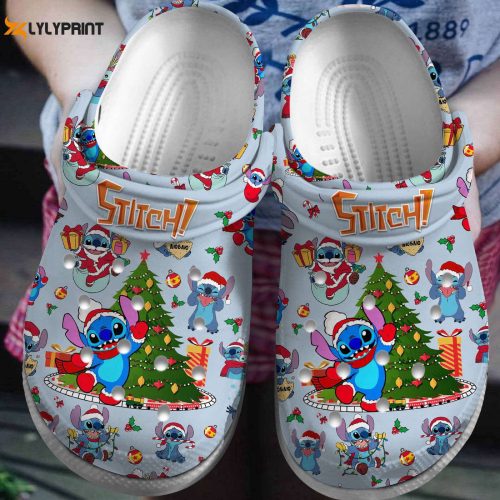 Pastel Blue Stich and Christmas Tree Clogs for Kids & Adults – Festive Footwear for the Holidays