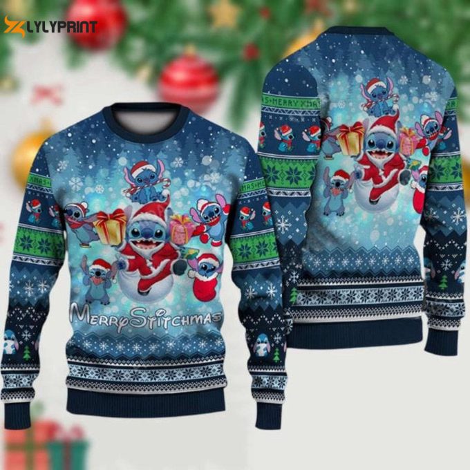 Stitch Christmas Ugly Sweater – Cartoon Character Xmas Sweatshirt With Disney Stitch Santa Hat – Perfect Family Magic Kingdom Gift