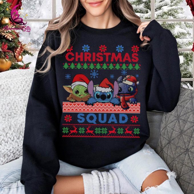 Stitch Toothless Baby Yoda Ugly Christmas Sweatshirt Christmas Squad Disneyland &Amp; Magic Kingdom Sweatshirt