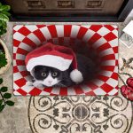 Christmas Tuxedo Cat Doormat: Welcome Mat & Housewarming Gift