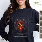 Vintage Sacred Heart of Jesus Long Sleeve T-Shirt: Unisex Catholic Gift Folk Art Faith Shirt for Christmas