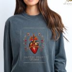 Vintage Sacred Heart of Jesus Long Sleeve T-Shirt: Unisex Catholic Gift Folk Art Faith Shirt for Christmas