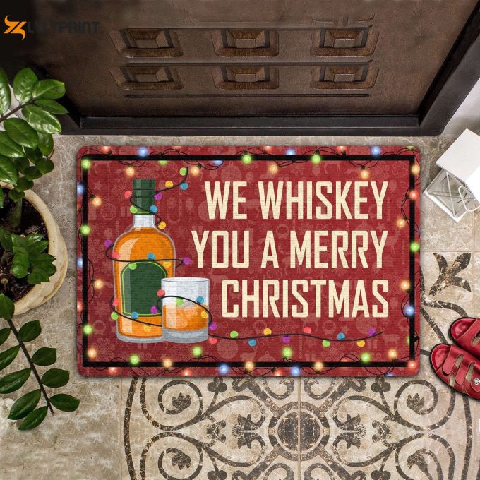 Wine Lovers Door Mat: Whiskey You A Merry Christmas! Perfect Housewarming Gift Front Door Décor