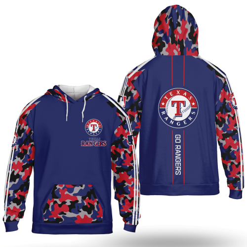 MLB Texas Rangers Blue Red Camo Pullover Hoodie AOP Shirt – Stylish and Comfortable Fan Gear