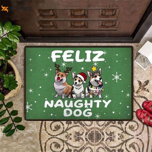 Feliz Naughty Dog Corgi Doormat - Festive Christmas Vacation Welcome Mat for Housewarming & Home Decor