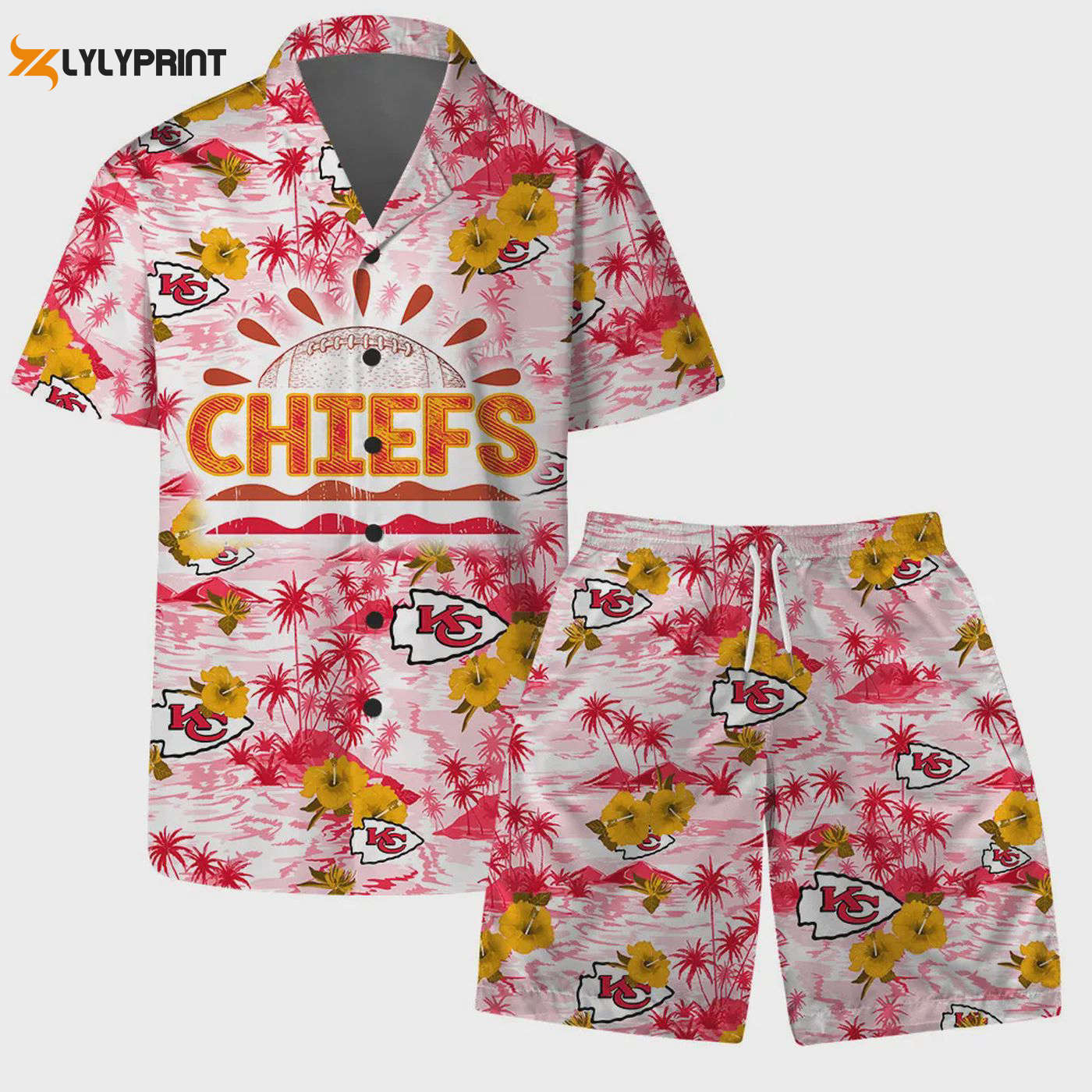 Game Day Essential: Kansas City Chiefs Hawaiian Football Set with Team Logo Pattern Game Day Essential: Kansas City Chiefs Hawaiian Football Set with Team Logo Pattern