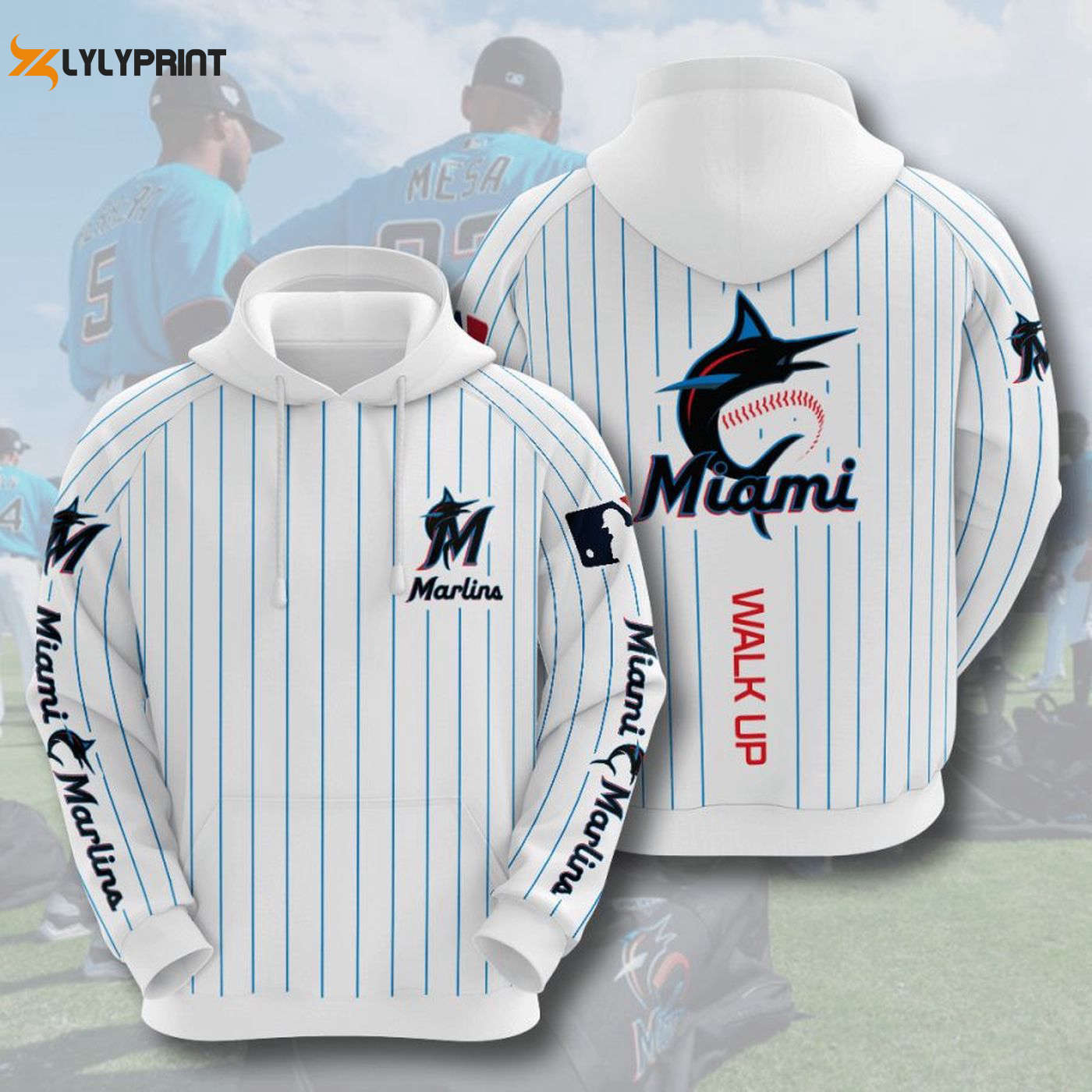 MLB Miami Marlins Walk Up Hoodie: White AOP Shirt for Ultimate Fan Style MLB Miami Marlins Walk Up Hoodie: White AOP Shirt for Ultimate Fan Style
