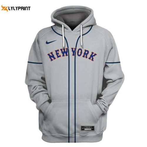 Stay Warm with MLB New York Mets Gray Pullover Hoodie AOP Shirt – Perfect for Mets Fans!