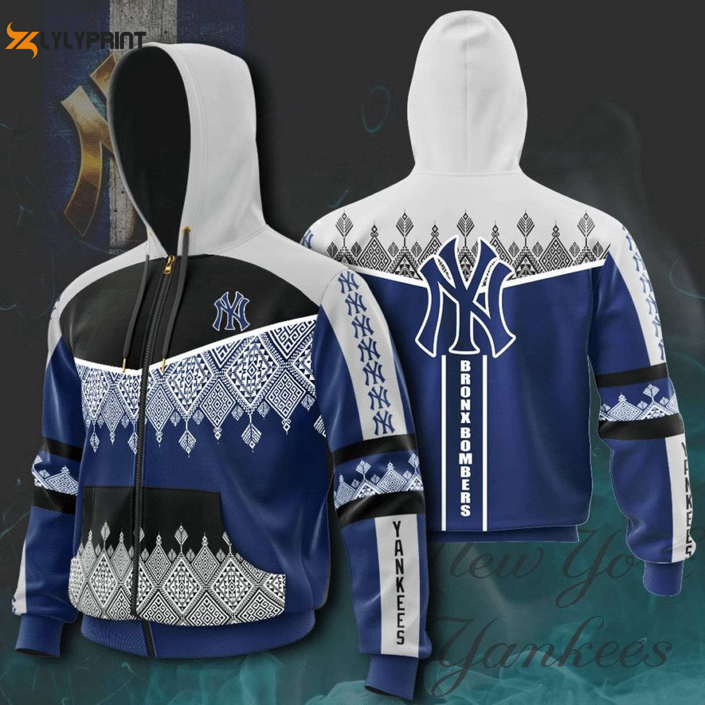 MLB New York Yankees Bronx Bombers Hoodie: Black Blue Pullover & Zip Up AOP Shirt MLB New York Yankees Bronx Bombers Hoodie: Black Blue Pullover & Zip Up AOP Shirt