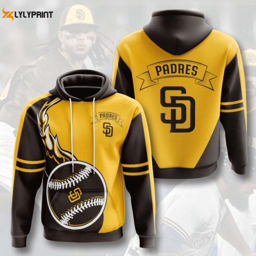 MLB San Diego Padres Fire Ball Pullover: Brown & Gold Hoodie AOP Shirt