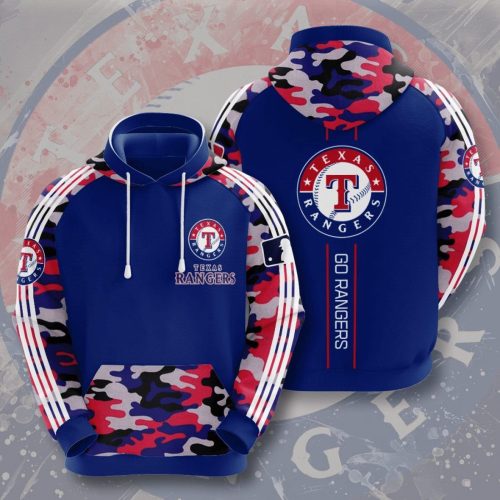 MLB Texas Rangers Blue Red Camo Pullover Hoodie AOP Shirt – Stylish and Comfortable Fan Gear