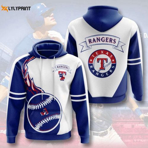 MLB Texas Rangers Fire Ball Blue White Pullover Hoodie – AOP Shirt: Show Your Support in Style!