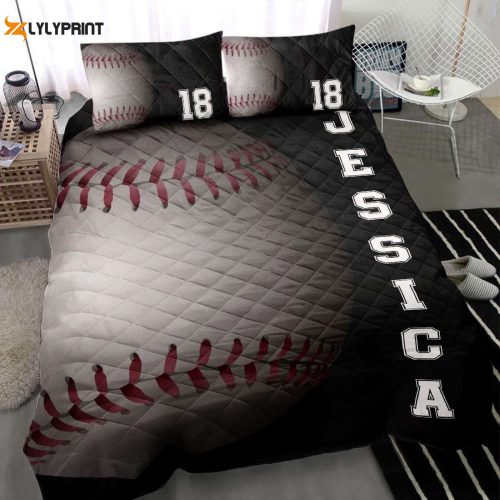 Custom Baseball Quilt Set: Personalized 3D Black Blanket with Pillowcases Sports Gifts